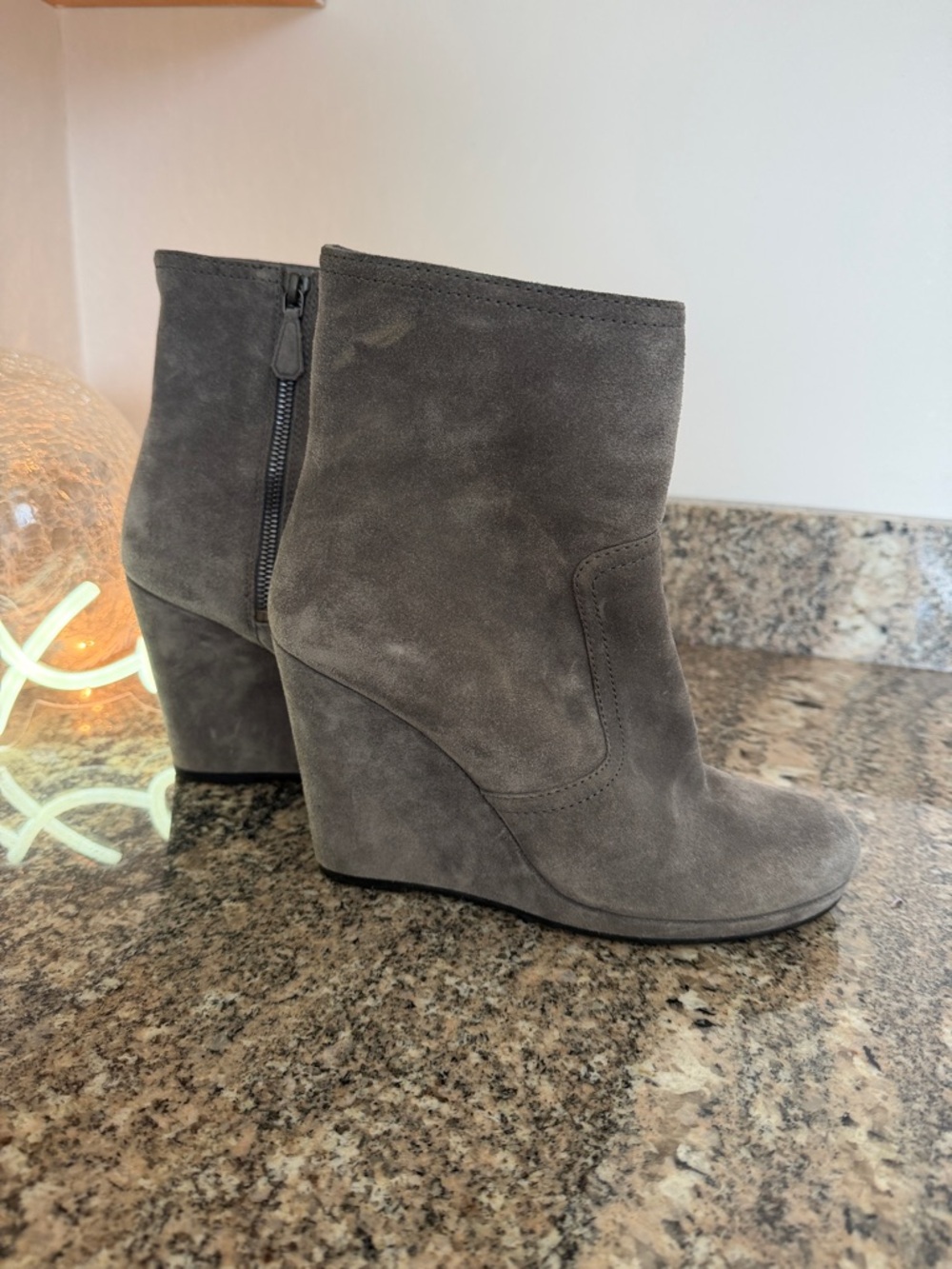 Prada Gray Suede Wedge Ankle Boots